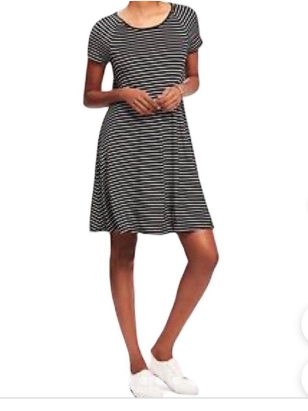 Old Navy Black and White Striped Midi Swing Dress Coastal Nautical Travel Beach